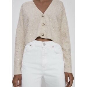 Zara Medium Tan Floral Sequin Cropped Long Sleeve‎ Button Front Cardigan Sweater